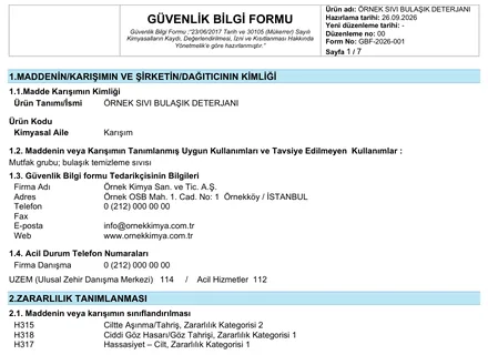 İndirilen Word belgesinin ilk sayfası: Güvenlik Bilgi Formu başlık kutusu ve 1. bölüm, ürün ve firma bilgileri.