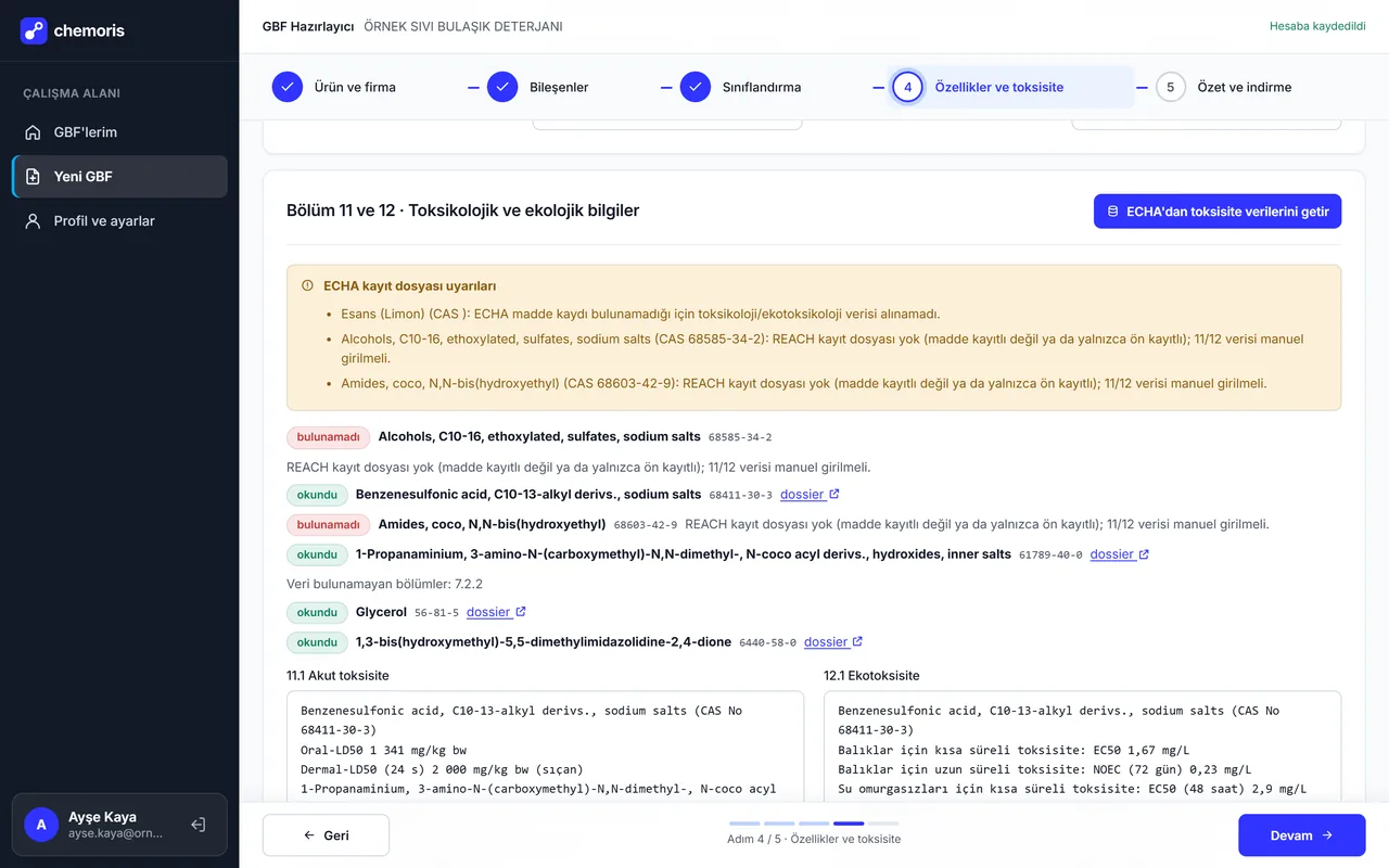 Adım 4 ekranı: REACH kayıt dosyasından gelen 11. ve 12. bölüm metin kutuları ve bileşen bazında durum.